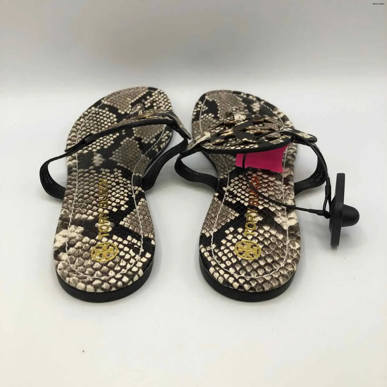 TORY BURCH Gray & Black Ivory Leather Reptile Pattern Thong Sandal Shoes