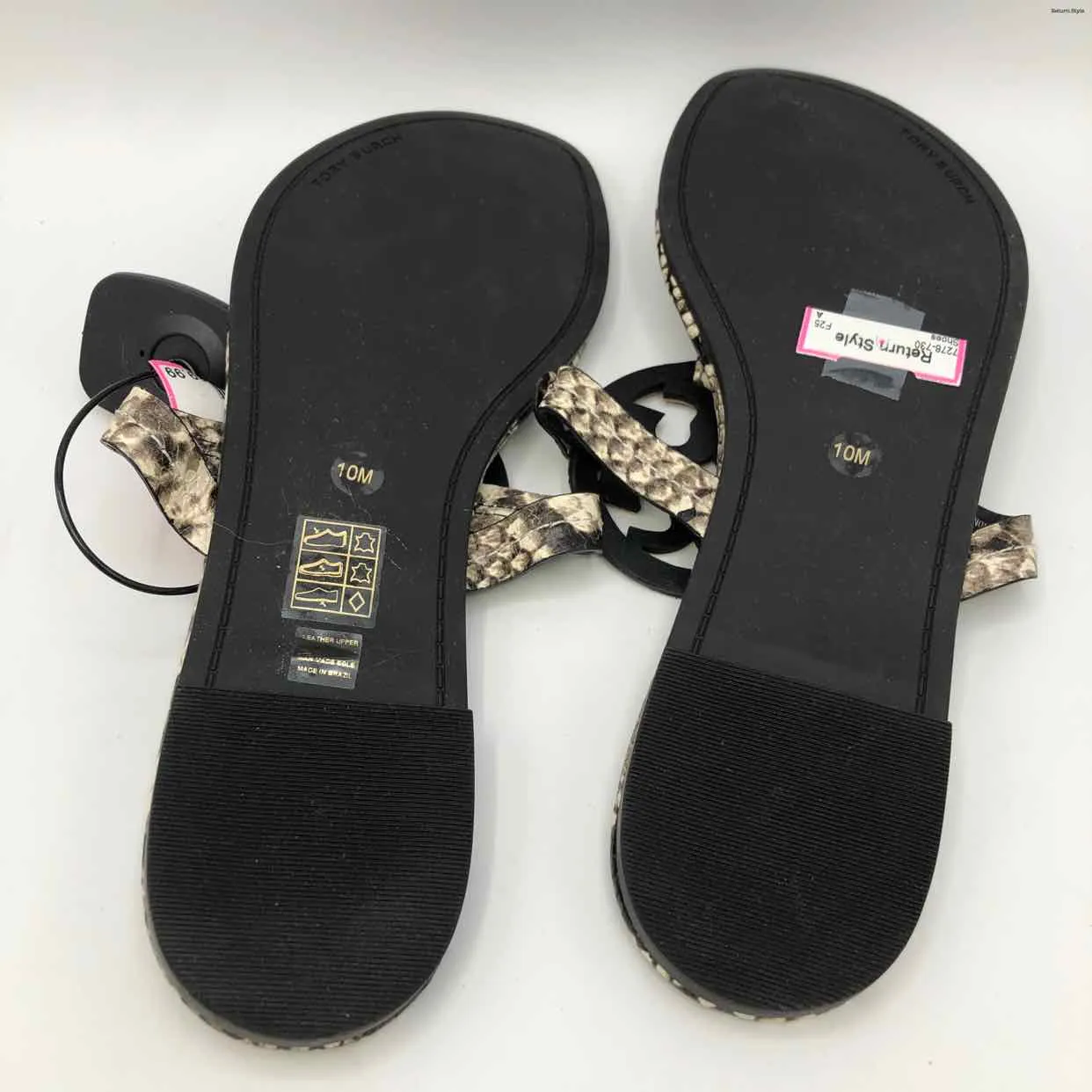 TORY BURCH Gray & Black Ivory Leather Reptile Pattern Thong Sandal Shoes