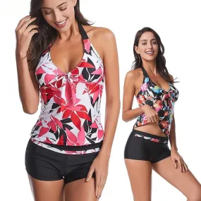 Two-Piece Halter Shorts Swimwear Floral Print Retro Plus Size Beach Tankini