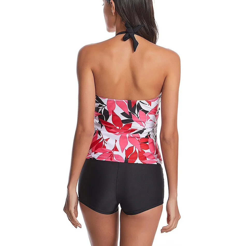 Two-Piece Halter Shorts Swimwear Floral Print Retro Plus Size Beach Tankini