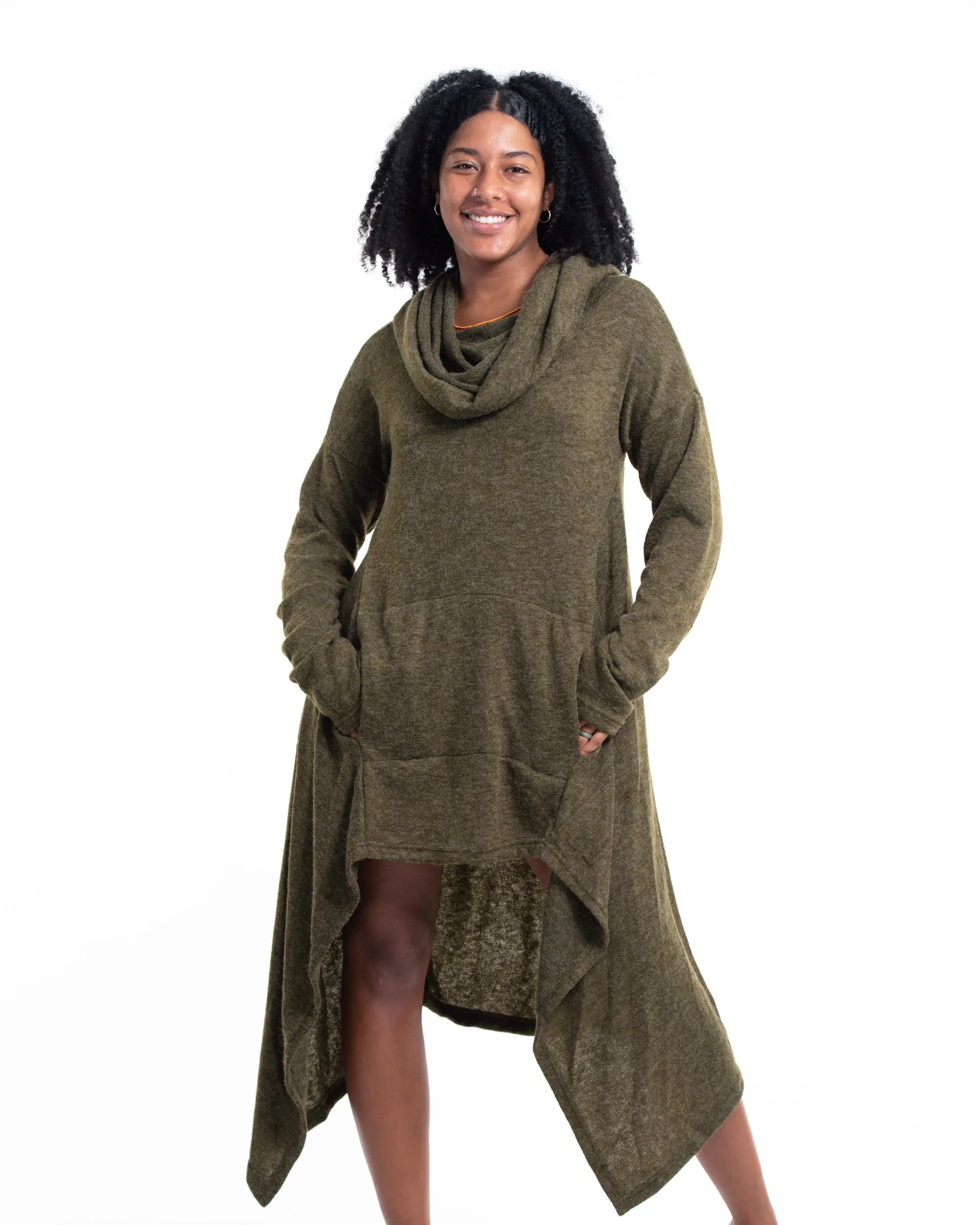 Ultra Long Hooded Sweater in Green