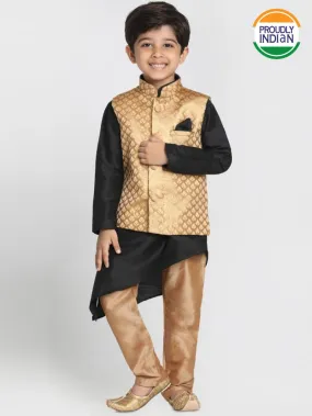 Vastramay Boys' Gold Cotton Silk Blend Kurta, Gold Nehru Jacket and Pyjama Set