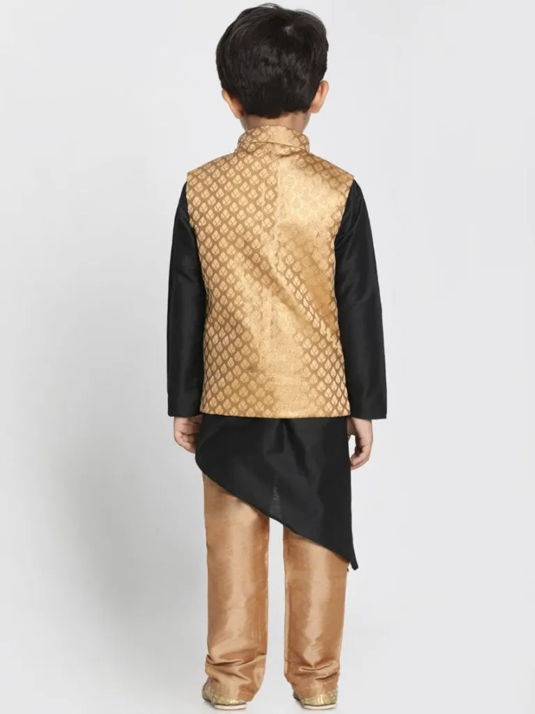 Vastramay Boys' Gold Cotton Silk Blend Kurta, Gold Nehru Jacket and Pyjama Set