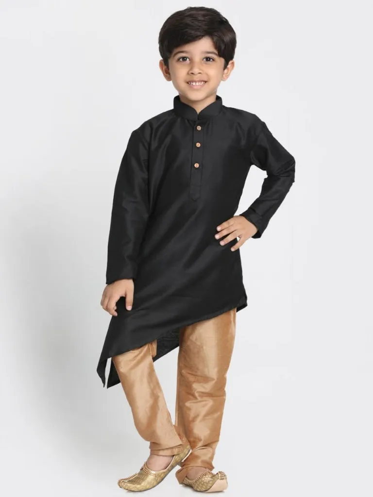 Vastramay Boys' Gold Cotton Silk Blend Kurta, Gold Nehru Jacket and Pyjama Set