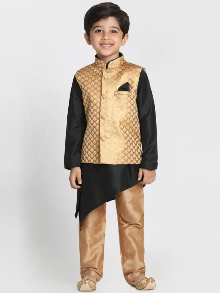 Vastramay Boys' Gold Cotton Silk Blend Kurta, Gold Nehru Jacket and Pyjama Set