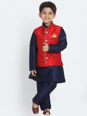 Vastramay Boys Maroon Silk Blend Nehru Jacket With Navy Blue Kurta And Pyjama Set