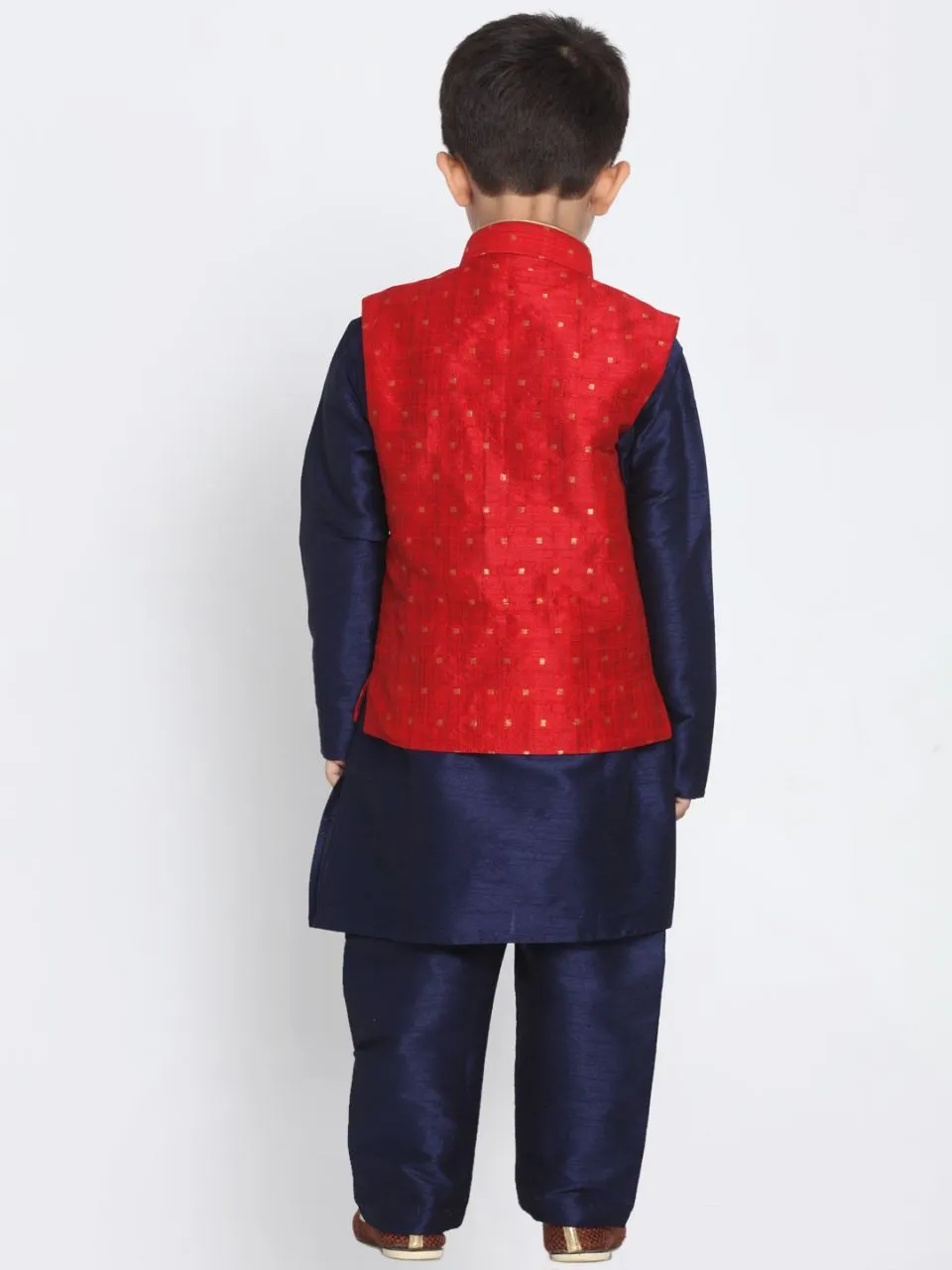 Vastramay Boys Maroon Silk Blend Nehru Jacket With Navy Blue Kurta And Pyjama Set