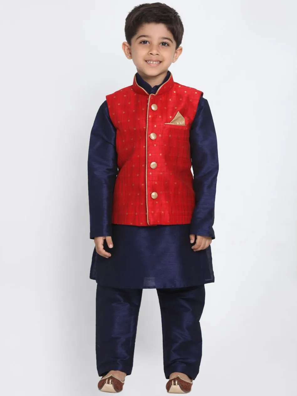 Vastramay Boys Maroon Silk Blend Nehru Jacket With Navy Blue Kurta And Pyjama Set