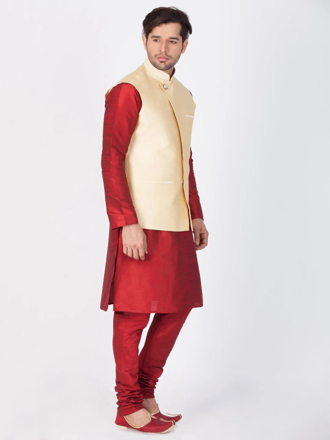 VASTRAMAY Men's Maroon Cotton Silk Blend Kurta, Ethnic Jacket and Pyjama Set