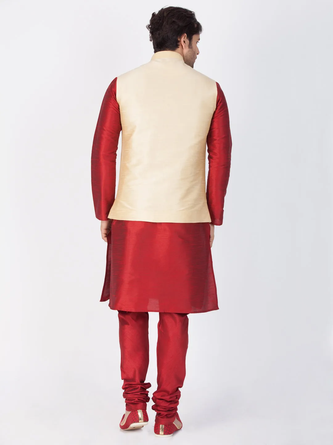 VASTRAMAY Men's Maroon Cotton Silk Blend Kurta, Ethnic Jacket and Pyjama Set