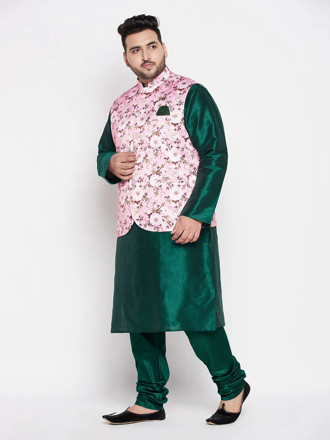 VASTRAMAY Men's Plus Size Pink Floral printed Jacket With Green Solid Kurta Pyjama Set