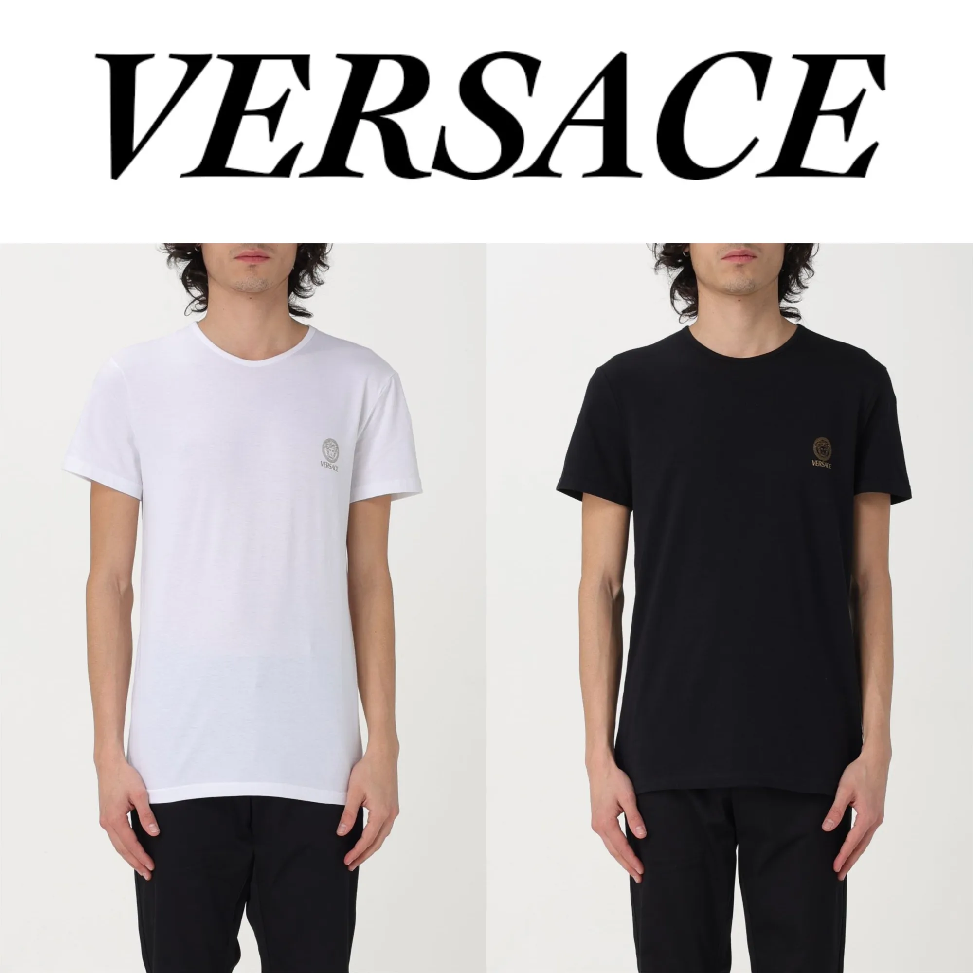 VERSACE  |Crew Neck Plain Cotton Short Sleeves Logo Luxury