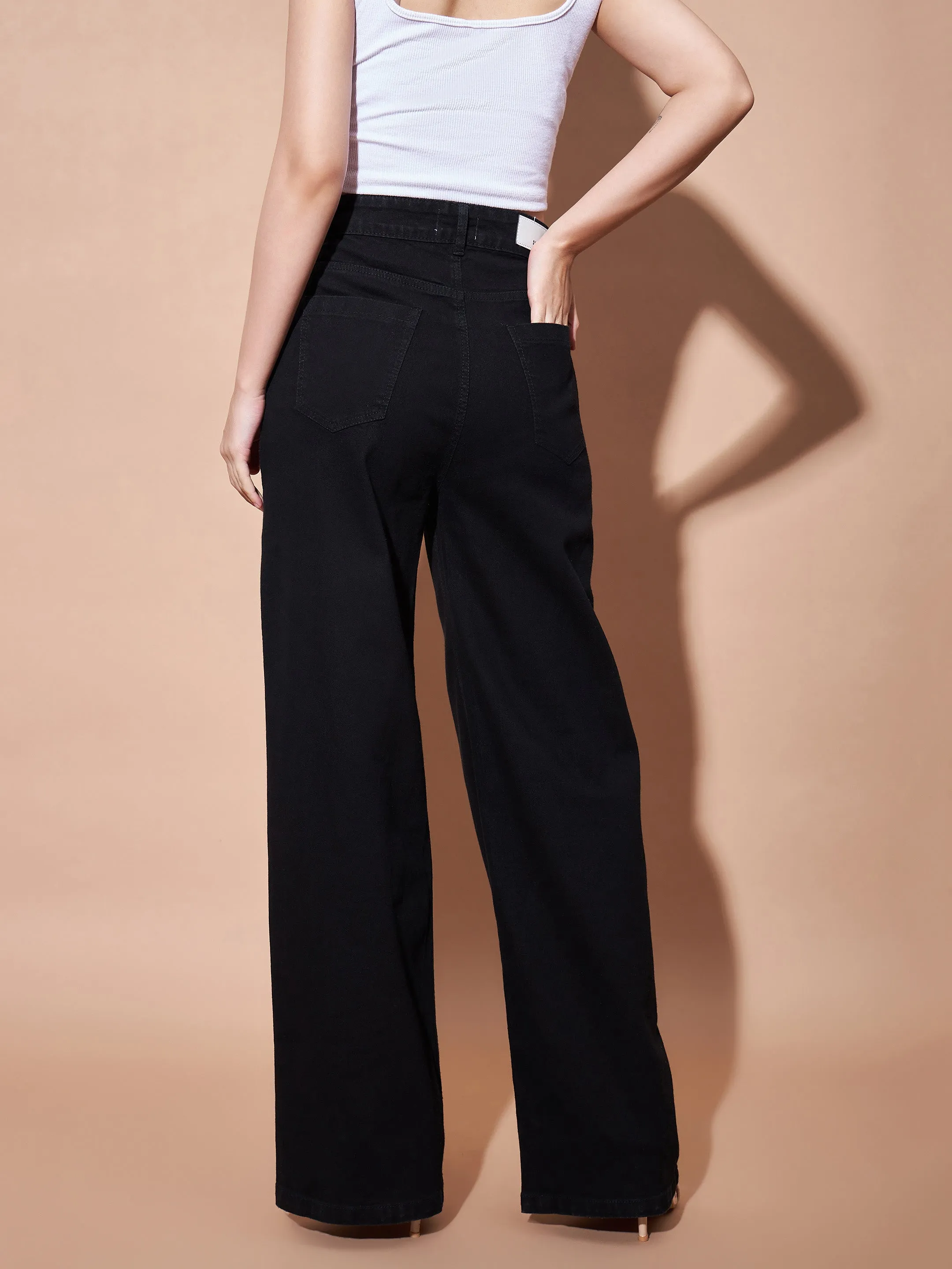 Women Black High Waist Seam Detail Straight Jeans