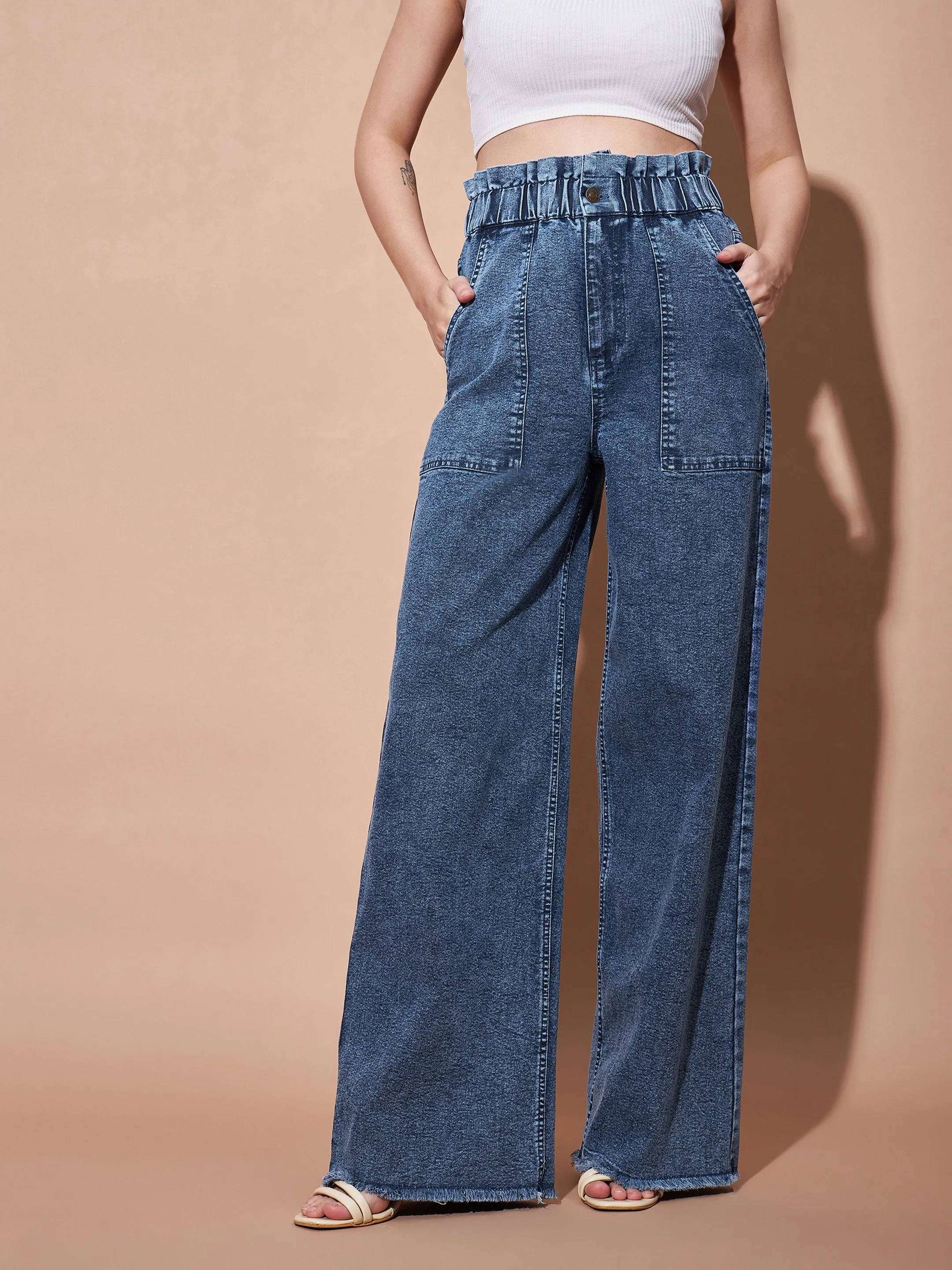 Women Blue Paper Bag Waist Straight Jeans