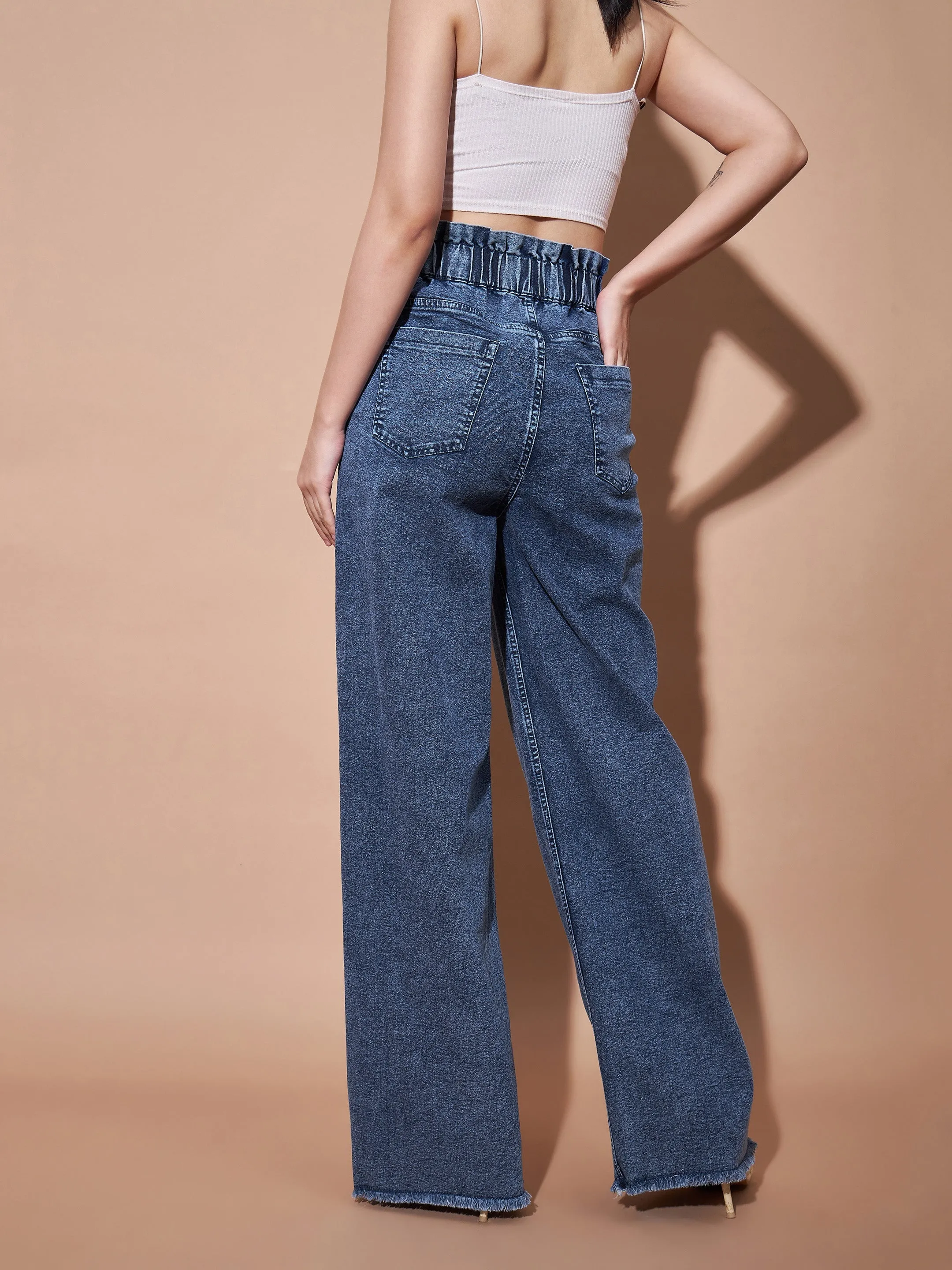 Women Blue Paper Bag Waist Straight Jeans