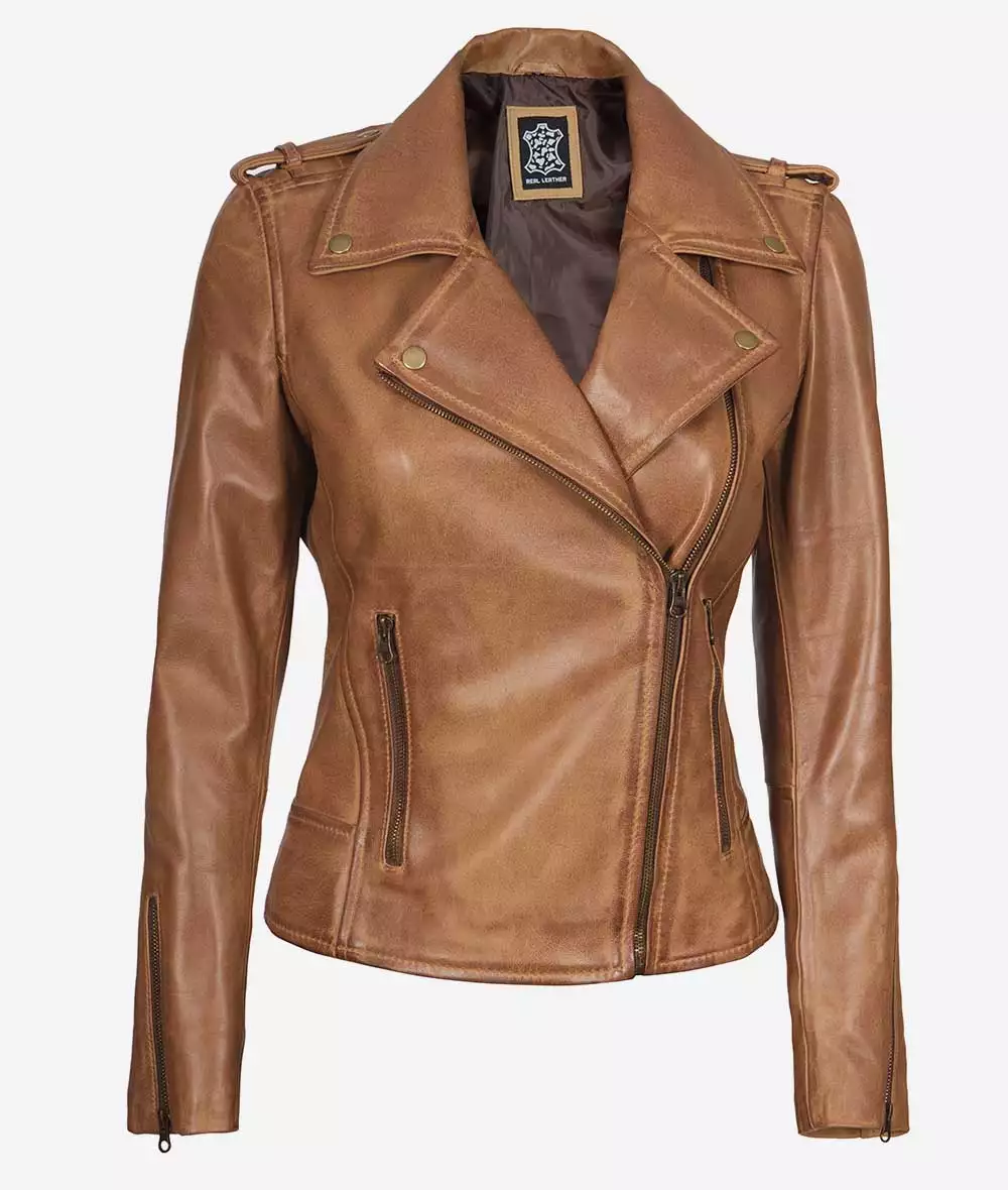 Women's Real Leather Camel Brown Moto Jacket