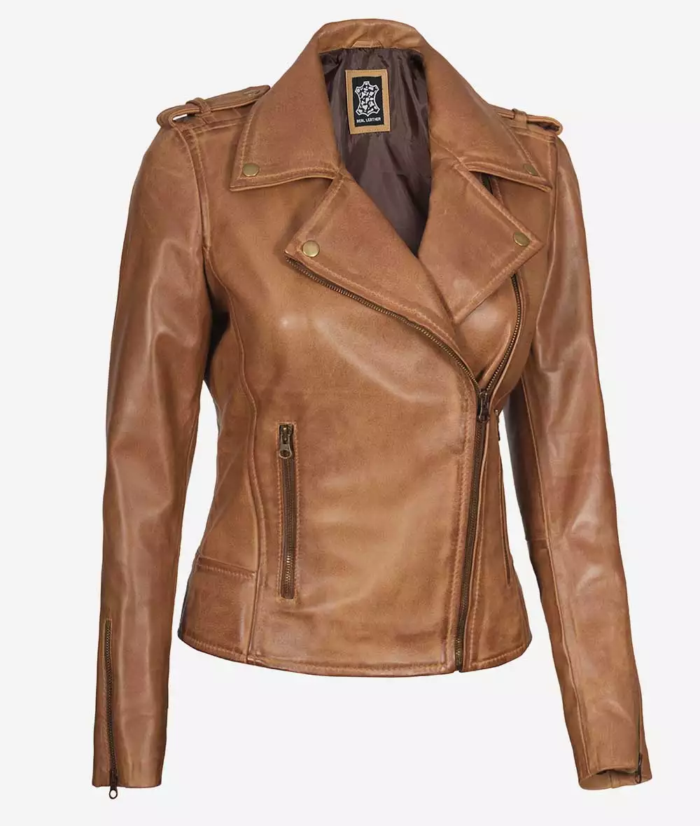 Women's Real Leather Camel Brown Moto Jacket