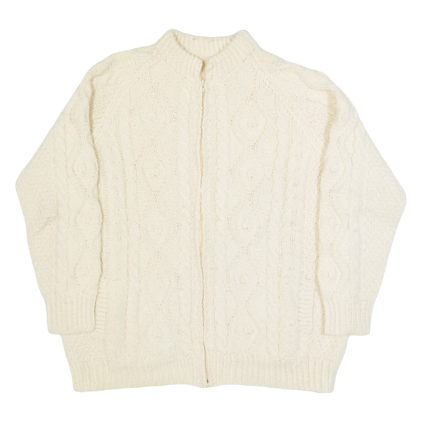 Womens Aran Cardigan Cream Cable Knit Wool L