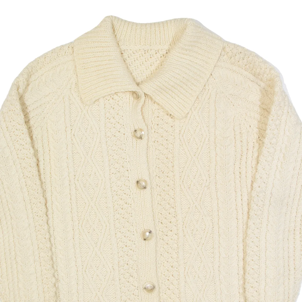 Womens Aran Cardigan Cream Collared Cable Knit Wool S