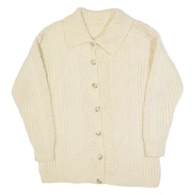 Womens Aran Cardigan Cream Collared Cable Knit Wool S