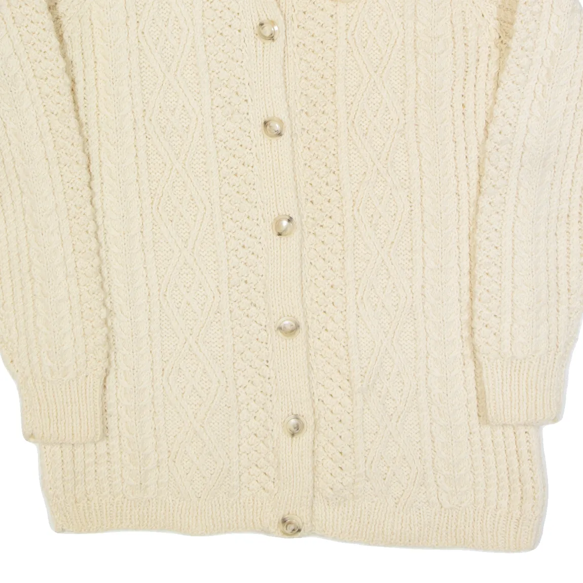 Womens Aran Cardigan Cream Collared Cable Knit Wool S