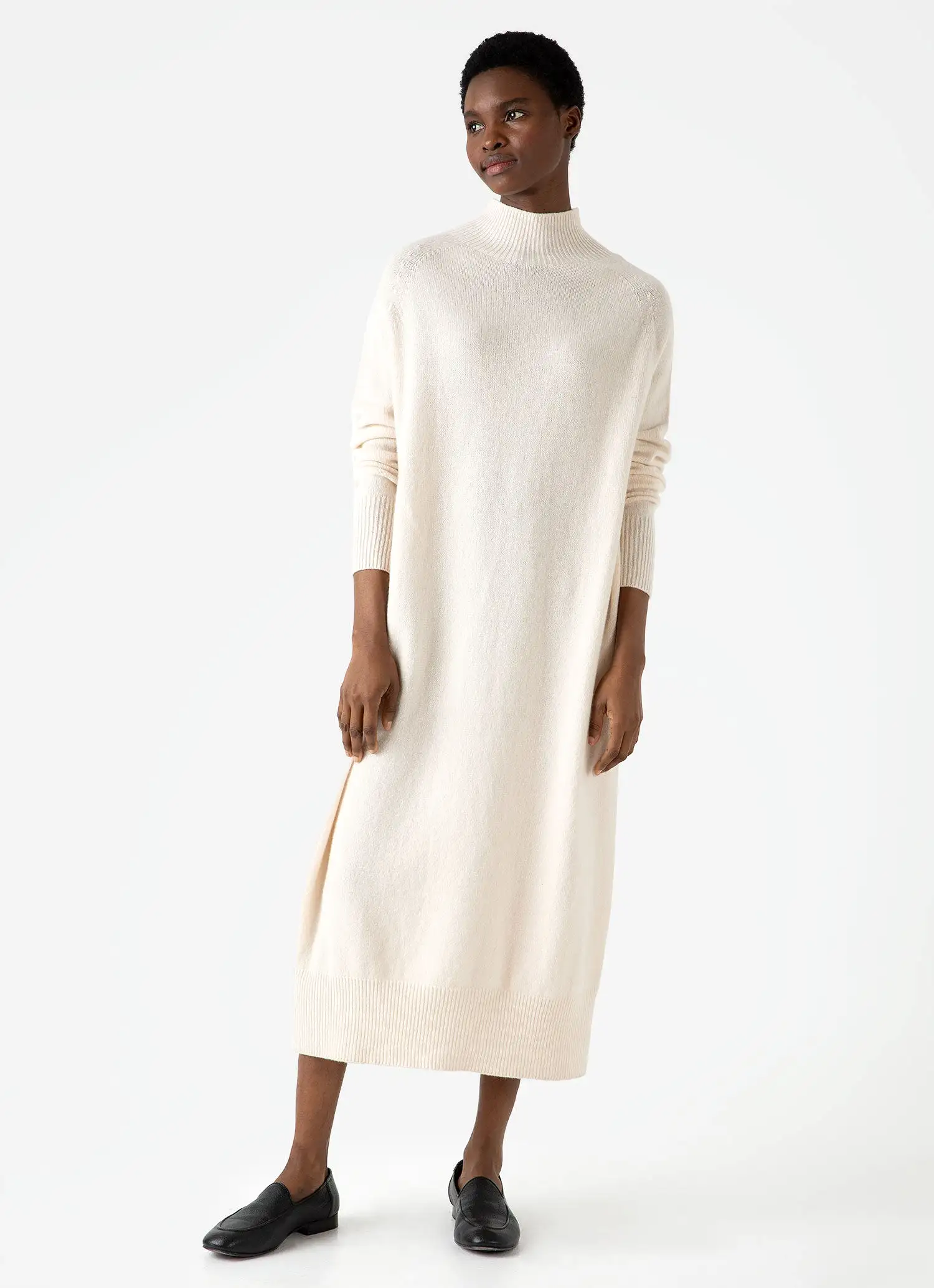 Women's Lambswool Funnel Neck Dress in Ecru