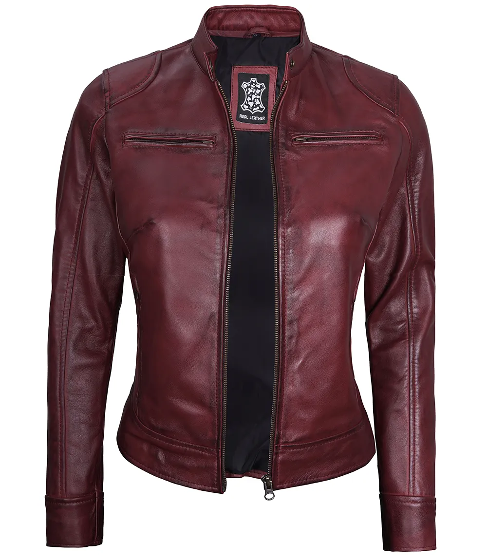 Womens Maroon Real Leather Moto Jacket