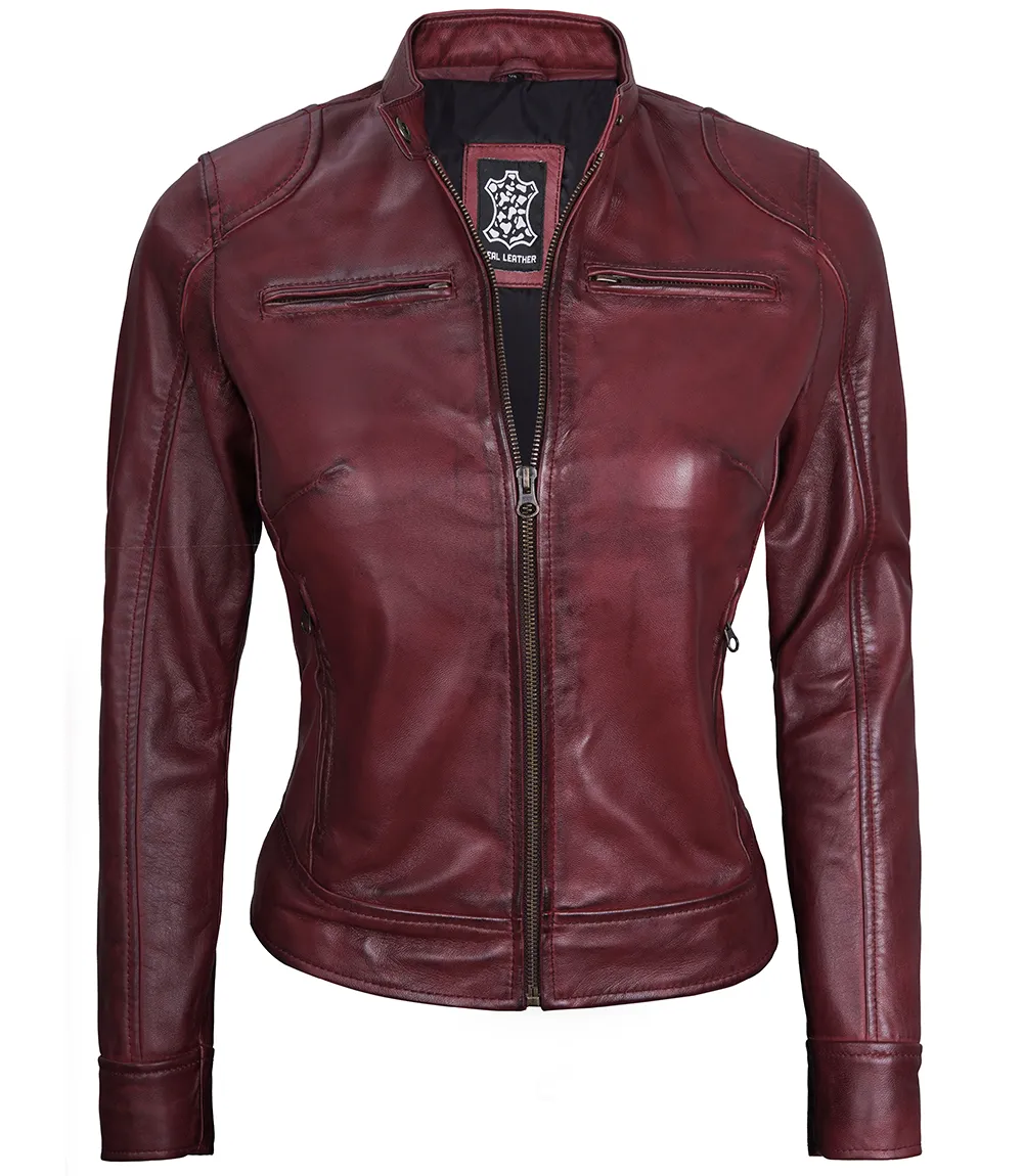 Womens Maroon Real Leather Moto Jacket