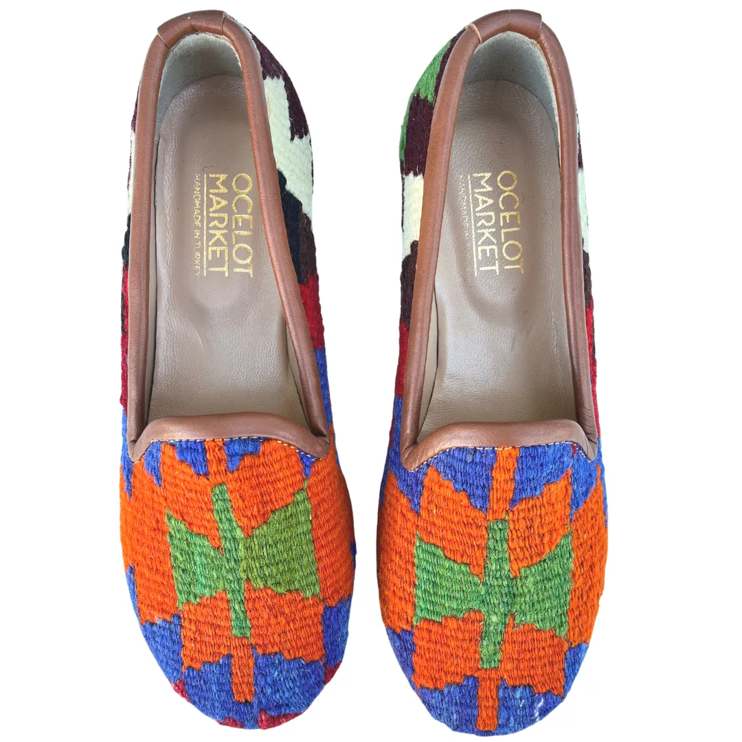 Women's Turkish Kilim Loafer Bright Orange with Blue & Green